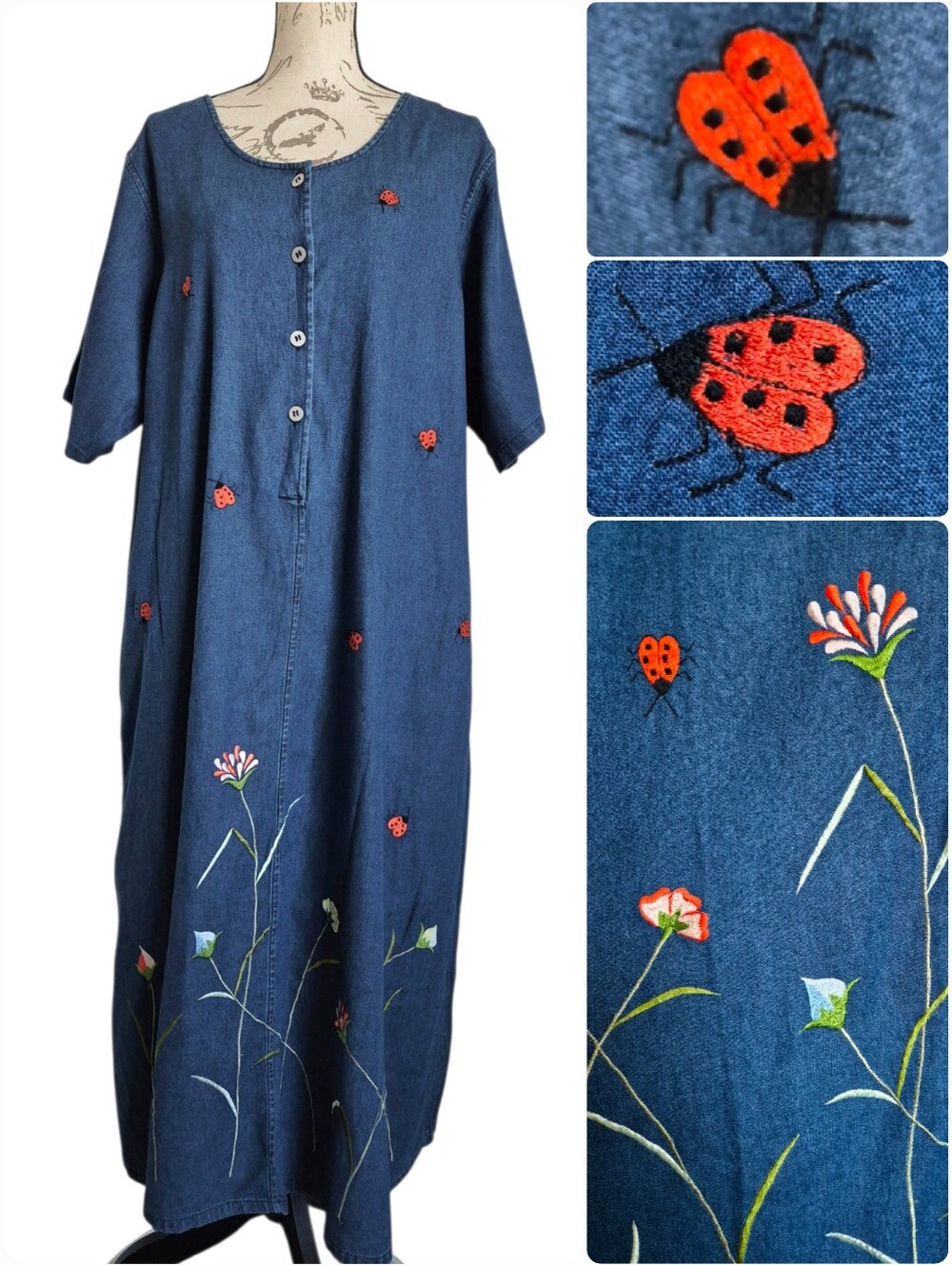 La Cera Vintage denim cotton ladybug embroidered Floral maxi dress 2X Cottage